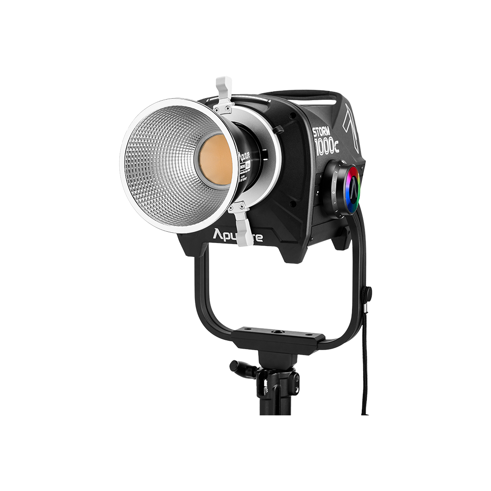 Aputure STORM 1000c full-colour LED fixture with reflector and yoke